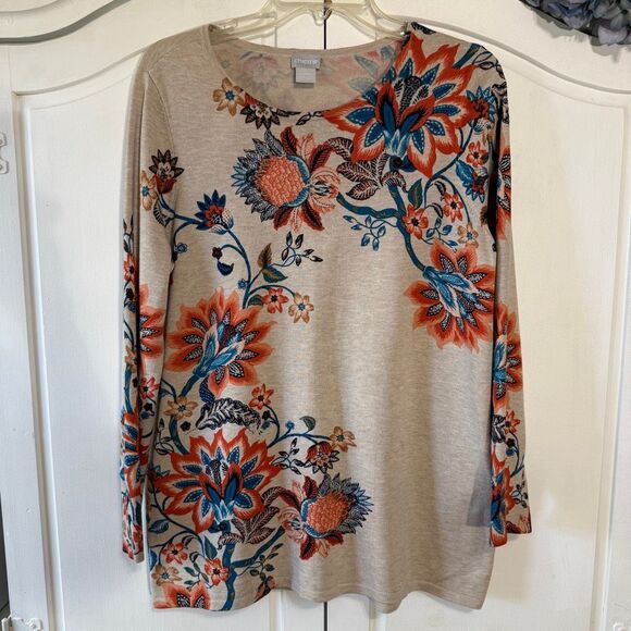 Chico's Tan Floral Lightweight Sweater, Size 8 - Picture 2 of 8